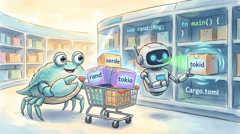 [Illustration: Cartoon illustration of a friendly crab (Ferris) pushing a shopping cart in a giant digital supermarket. The shelves are filled with glowing boxes labeled with crate names like “rand”, “serde”, “tokio”. A friendly cargo robot scans a box and adds it to the cart. Style: vibrant children’s book, playful tech metaphor, soft lighting, 16:9.]