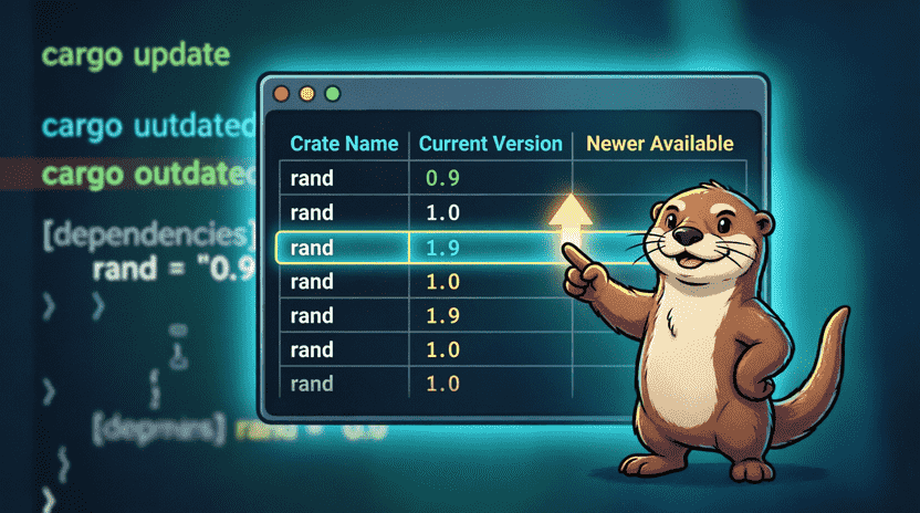 [Illustration: A cartoon terminal window showing a colorful table with crate names, current versions, and newer available versions. Ferris points to a row with an upward arrow indicating an update. Style: modern tech illustration, clear and bright, 16:9.]