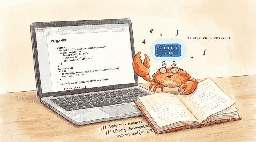 [Illustration: A cozy desk setup with a laptop showing a beautiful documentation page generated by cargo doc. Floating around are markdown symbols, function signatures, and a glowing “cargo doc –open” badge. Ferris proudly holds a printed manual. Style: warm, educational children’s book illustration, inviting atmosphere, 16:9.]