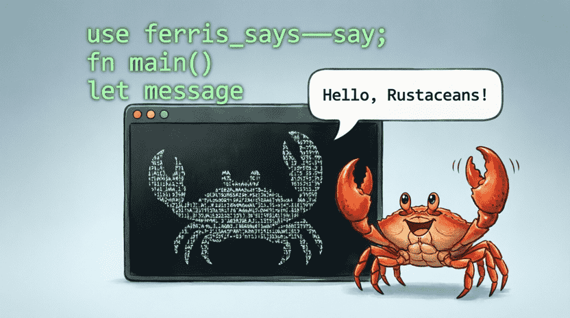 [Illustration: A cartoon terminal window displaying the exact ASCII art output of the ferris-says crate. Ferris the crab sits next to the screen waving, with speech bubbles containing the same message. Style: playful, tech-meets-art, bright and cheerful, 16:9.]