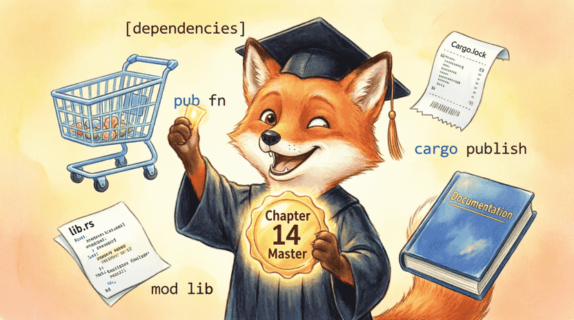 [Illustration: Ferris wearing a graduation cap and holding a glowing “Chapter 14 Master” badge. Floating around him are a shopping cart, a Cargo.lock receipt, a lib.rs file, and a documentation book. Encouraging, vibrant children’s book illustration, celebratory mood, 16:9.]