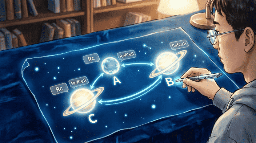 [Illustration: A cartoon notebook on a table with a glowing lock icon. One hand holds a blue key labeled “borrow”, another hand waits with a golden key labeled “borrow_mut”. A traffic light shows green for reading, red for simultaneous writing. Ferris explains with a pointer. Style: playful educational illustration, clear visual rules, bright, 16:9.]