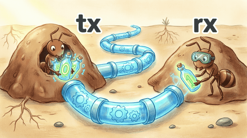 [Illustration: Cartoon underground pipe system connecting two ant hills. One hill has a sender ant dropping glowing message bottles into the pipe. The other hill has a receiver ant catching them. Labels “tx” and “rx” float above the hills. Style: playful educational vector, bright colors, clear technical metaphor, 16:9.]