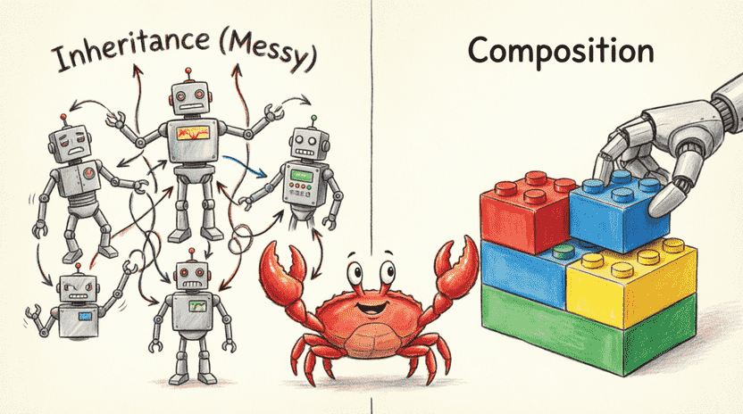 [Illustration: A split cartoon comparison. Left side: a rigid, tangled family tree of robots labeled “Inheritance (Messy)”. Right side: neat Lego blocks labeled “Composition” being snapped together. Ferris the crab points happily at the Lego side. Style: educational vector illustration, bright colors, clear visual metaphor, 16:9.]