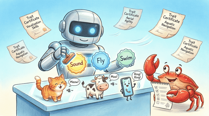 [Illustration: A cartoon quality control desk. A friendly robot inspector stamps glowing badges labeled “Sound”, “Fly”, “Swim” onto different cute characters (cat, cow, phone). Ferris stands beside holding a checklist, smiling. Style: clean educational cartoon, bright colors, clear visual metaphor, 16:9.]