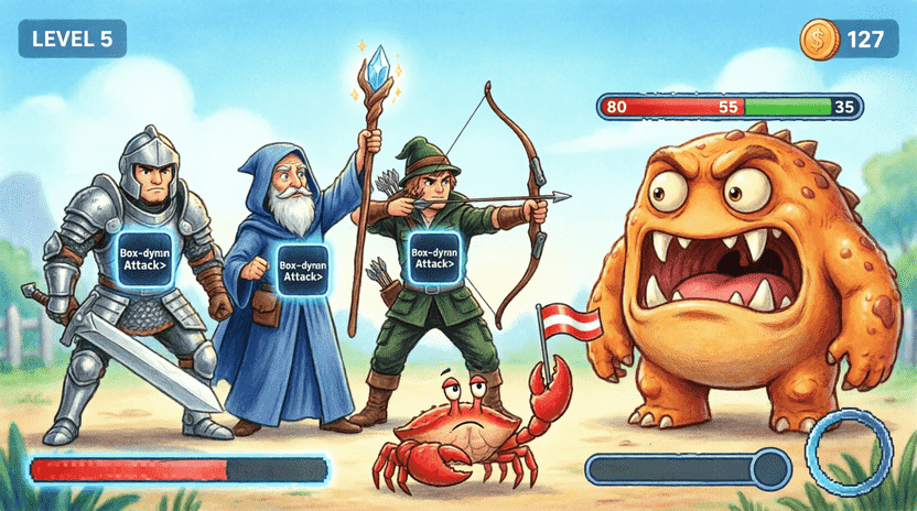 [Illustration: Cartoon RPG battle scene. Three heroes (Warrior, Mage, Archer) stand on one side, each holding a glowing “Box<dyn Attack>” badge. On the other side, a cartoon monster has a health bar showing 80 → 55 → 35. Ferris acts as a referee holding a flag. Style: vibrant, dynamic children’s book illustration, 16:9.]