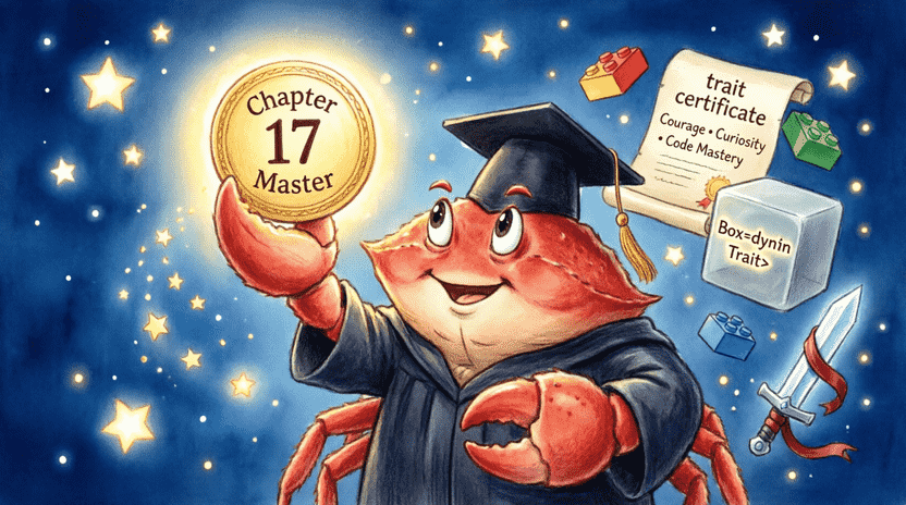 [Illustration: Ferris wearing a graduation cap and holding a glowing “Chapter 17 Master” badge. Floating around him are Lego blocks (composition), trait certificates, a Box<dyn Trait>, and a small RPG sword. Encouraging, bright lighting, children’s book style, 16:9.]