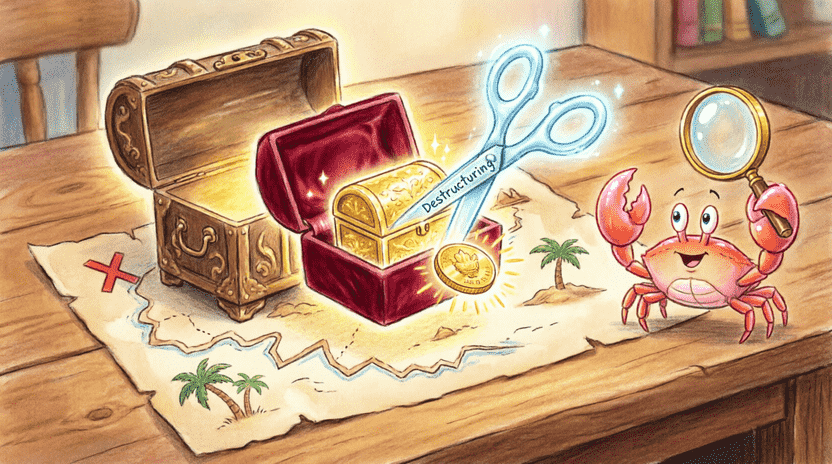 [Illustration: A cartoon treasure map on a wooden desk. Glowing nested boxes (small box inside medium box inside big chest) float above the map. A pair of glowing magic scissors labeled “Destructuring” cuts through the layers, revealing a shiny gold coin inside. Ferris the crab watches with excited eyes, holding a magnifying glass. Style: whimsical children’s book illustration, bright, adventurous, 16:9.]