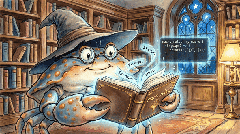 [Illustration: A cartoon wizard crab (Ferris) holding a glowing spellbook labeled “macro_rules!”. Floating magical symbols like “$x:expr” and “=>” transform into actual Rust code blocks. Background: cozy library with starry windows. Style: whimsical, educational children’s book illustration, soft lighting, 16:9.]