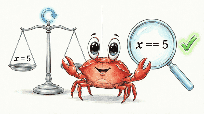 [Illustration: Split-screen educational graphic. Left side: a scale balancing “x = 5” with a loading arrow. Right side: a magnifying glass comparing “x == 5” with a green checkmark. Ferris stands in the middle explaining. Style: clean, modern educational illustration, bright colors, 16:9.]