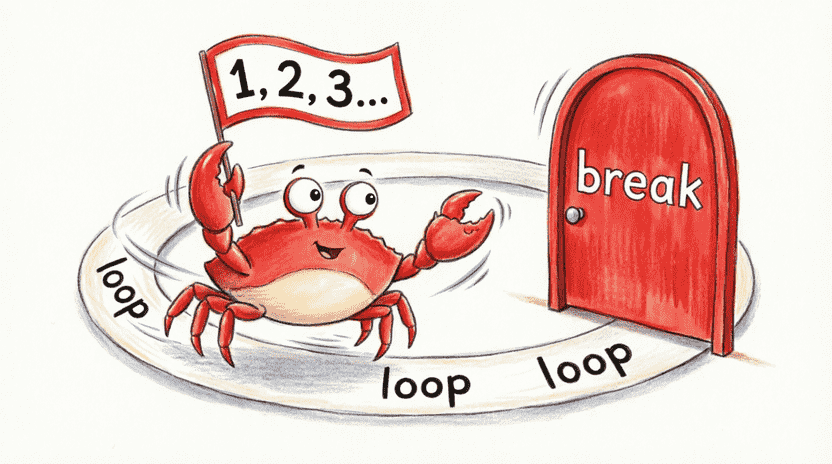 [Illustration: Ferris running on a circular track labeled “loop”. He holds a counter flag showing “1, 2, 3…”. At one point, a red gate labeled “break” opens. Style: dynamic, cartoon motion lines, encouraging mood, 16:9.]