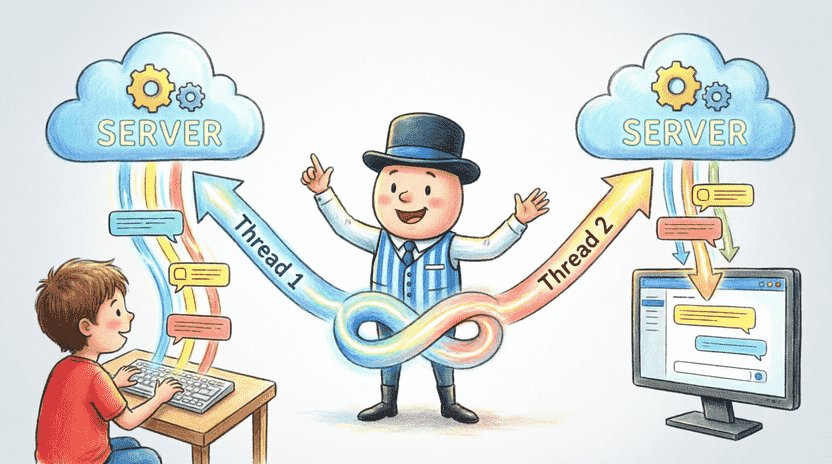 [Illustration: Split-screen educational graphic. Left: a cartoon server rack with a glowing “Listening…” sign. Right: a friendly laptop with a “Connecting…” progress bar. A glowing message bubble travels between them. Ferris watches with a checklist, smiling. Style: clean vector illustration, bright, educational metaphor, 16:9.]