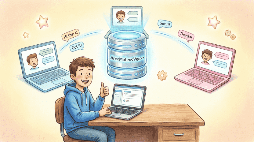 [Illustration: Ferris the crab standing proudly on a small wooden crate labeled “Chapter 20 Complete”. He holds a glowing Rust gear in one claw and waves with the other. Behind him, a starry galaxy forms the shape of a heart. Floating text: “Thank You for Coding!”. Style: emotional, celebratory children’s book illustration, warm sunset lighting, 16:9.]
