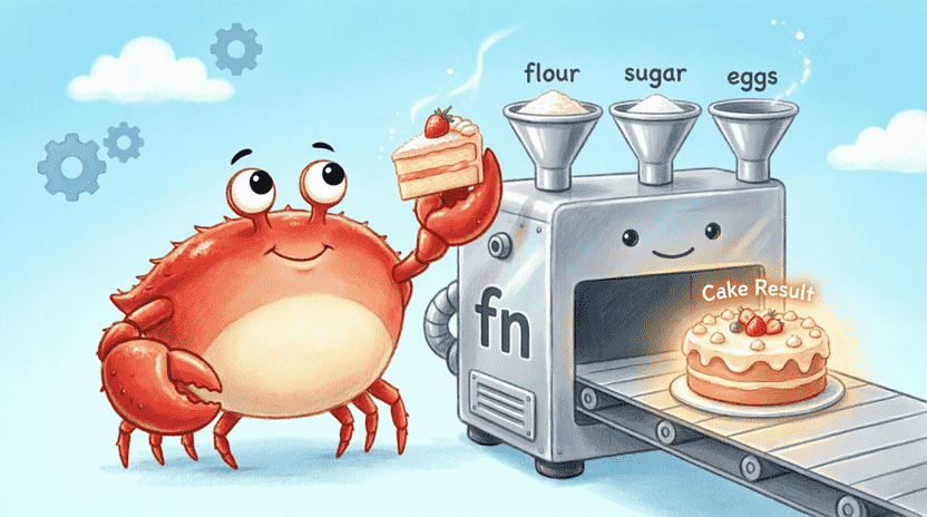 [Illustration: A friendly robot machine labeled “fn” with input hoppers for “flour”, “sugar”, “eggs” and an output conveyor belt delivering a glowing “Cake Result”. Rust syntax arrows connect inputs to outputs. Ferris watches proudly holding a slice. Style: educational cartoon, bright, technical metaphor for children.]