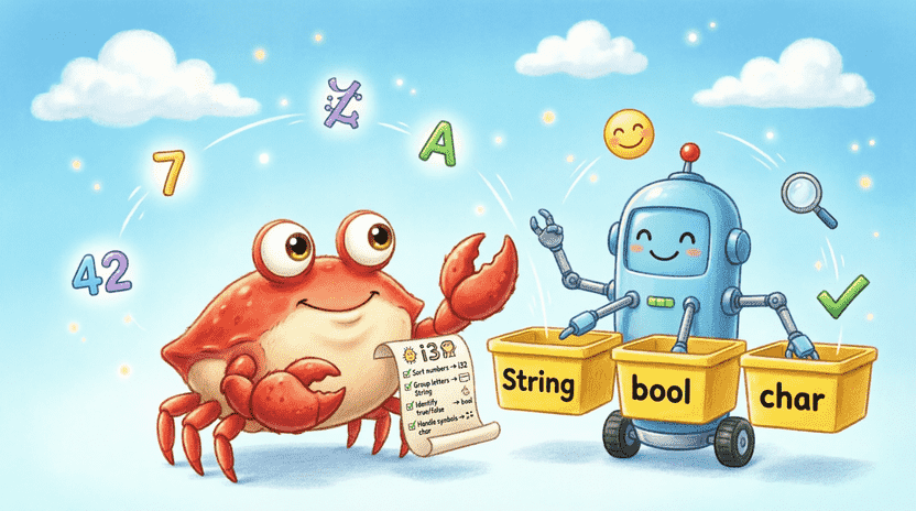[Illustration: A cartoon sorting robot with labeled bins: “i32”, “String”, “bool”, “char”. Different items (numbers, letters, emojis) are flying into the correct bins. Ferris stands beside holding a checklist. Style: playful, educational, bright vector illustration.]