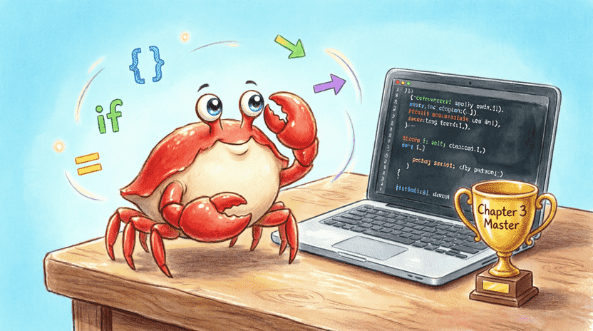 [Illustration: Ferris standing proudly next to a computer screen showing completed code. A golden trophy labeled “Chapter 3 Master” sits on the desk. Floating code symbols (fn, i32, {}, //) surround him. Style: celebratory, vibrant children’s book illustration, encouraging mood.]