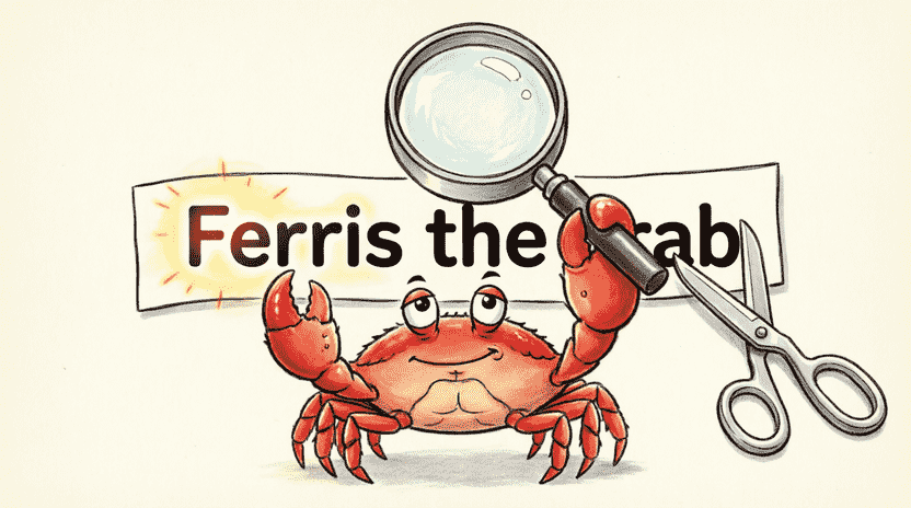 [Illustration: Close-up of a cartoon magnifying glass hovering over a long paper strip labeled “Ferris the crab”. The glass highlights only the word “Ferris”. A pair of scissors (representing slicing) rests nearby. Ferris holds the magnifying glass proudly. Style: clean, educational vector, bright colors, metaphorical, 16:9.]