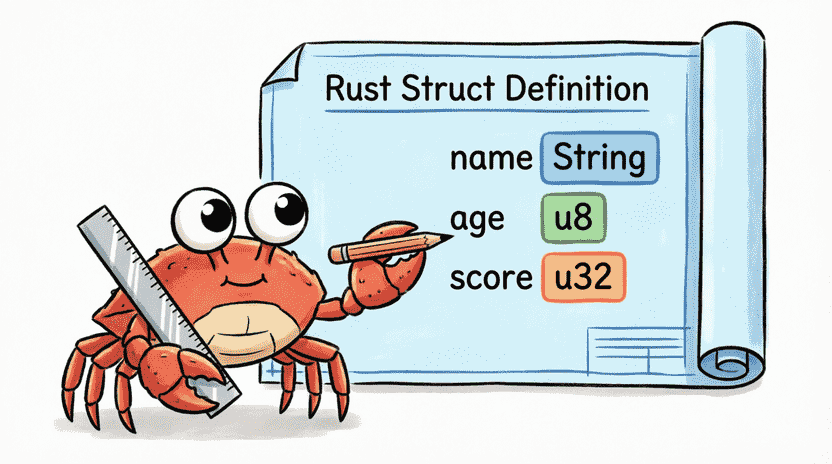 [Illustration: Educational infographic showing a Rust struct definition as a blueprint sheet. Fields are highlighted with colorful tags matching their data types (String=blue, u8=green, u32=orange). Ferris holds a ruler and pencil, drawing the blueprint. Style: clean, modern educational cartoon, bright colors, 16:9.]