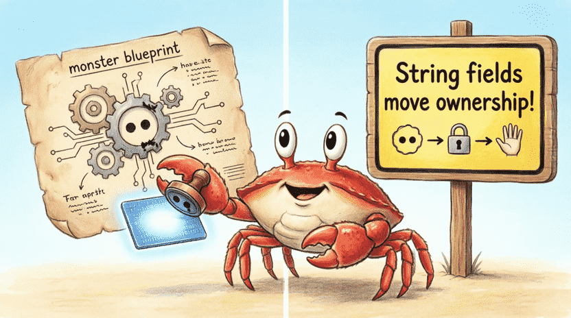 [Illustration: Split illustration: Left side shows a crab holding a “monster blueprint” copying data to a new card using a “..” stamp. Right side shows a warning sign: “String fields move ownership!”. Ferris explains with a friendly gesture. Style: playful technical metaphor, children’s book illustration, clear visual cues, 16:9.]