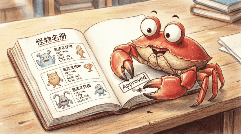 [Illustration: A cozy notebook open to a “Monster Roster” page. Each entry shows a mini ID card with a cartoon monster sketch and stats. A golden trophy icon highlights the strongest monster. Ferris sits on the desk stamping “Approved” with a smile. Style: warm, inviting children’s book illustration, detailed UI metaphor, 16:9.]
