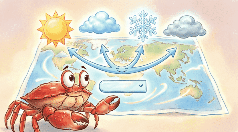 [Illustration: Cartoon illustration of Ferris the crab standing in front of a magical weather map. Four glowing icons float above: sun, rain cloud, snowflake, and gray cloud. A friendly “enum” selector tool connects them to a dropdown menu. Style: vibrant children’s book illustration, clear educational metaphor, soft lighting, 16:9.]