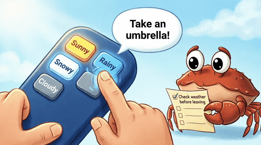[Illustration: A friendly cartoon robot washing machine/display panel showing a weather input screen. A dropdown enum selector points to a suggested shirt popping out of a slot. Ferris stands beside holding a rainbow-colored shirt. Style: cozy tech, children’s book illustration, bright and inviting, 16:9.]