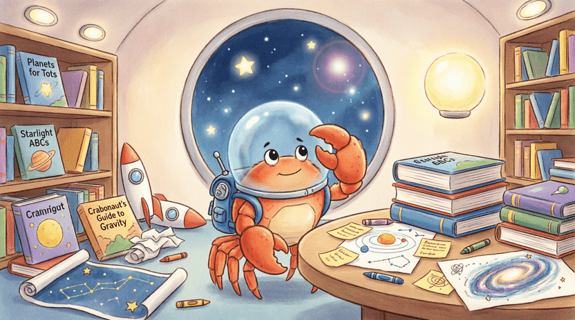 [Illustration: Educational illustration of Ferris the crab standing in a messy spaceship room full of scattered books. On the right side, a clean, organized bookshelf with labeled shelves (Science, Stories, Maps) is shown. Ferris is happily placing a book on the correct shelf. Style: vibrant children’s book, clean lines, soft lighting, 16:9.]