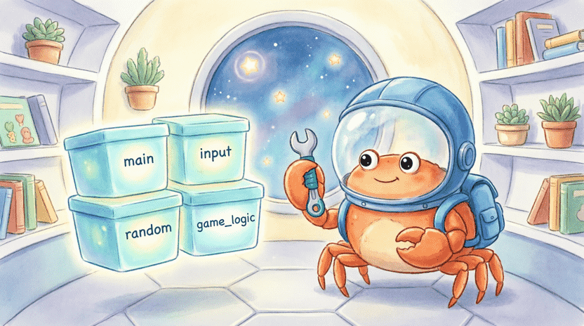 [Illustration: Ferris the crab wearing a graduation cap, holding a glowing badge “Chapter 7 Master”. Background shows a well-organized file cabinet with labels “mod”, “pub”, “use”. Floating icons of Rust files and folders surround him. Style: encouraging, vibrant children’s book, 16:9.]