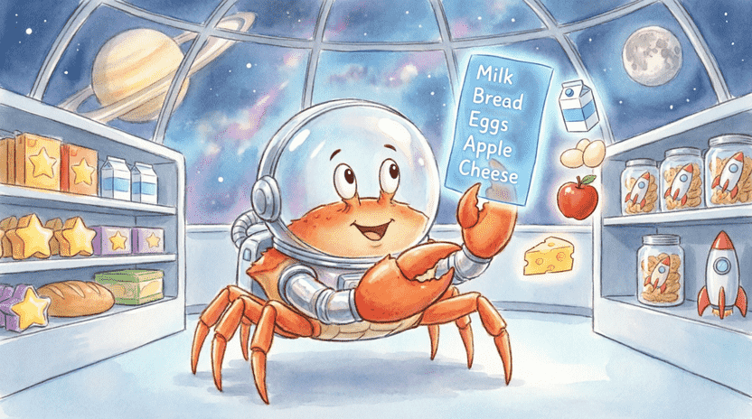 [Illustration: A cartoon vector visualized as a train of glowing train cars. Each car holds a different item (Milk, Bread, Eggs, Apple). A crab is pushing a new car “Cheese” onto the end, and another crab is popping off the last car. Style: playful, educational, bright colors, 16:9.]