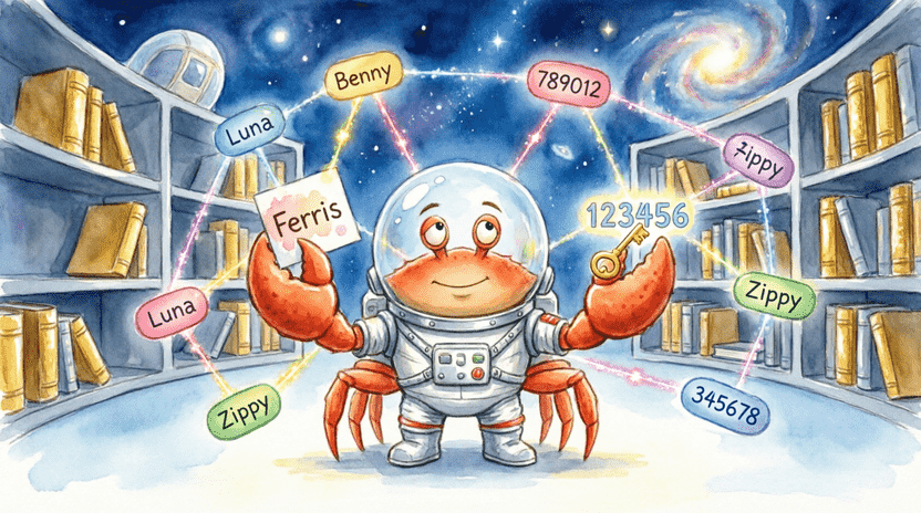 [Illustration: A cartoon address book with pages that have key-value pairs (Ferris→12345, Bill→67890, Luna→99999). A magical magnifying glass highlights the “Luna” page, and a holographic number pops out. Style: educational, whimsical, bright colors, 16:9.]