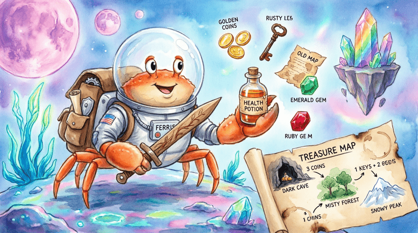 [Illustration: A cartoon RPG game scene. Ferris stands in front of a treasure chest with a map in hand. A vector backpack is on his back with item slots (Wooden Sword, Health Potion). A glowing map table shows locations: Dark Cave, Misty Forest, Snowy Peak. Style: fantasy children’s book illustration, adventurous, bright, 16:9.]