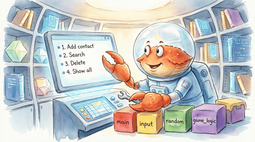 [Illustration: Ferris wearing a graduation cap, holding a glowing “Chapter 8 Master” badge. Floating around him are colorful Vectors, HashMaps, and Set symbols turning into a neat digital backpack. Style: encouraging, vibrant children’s book illustration, 16:9.]